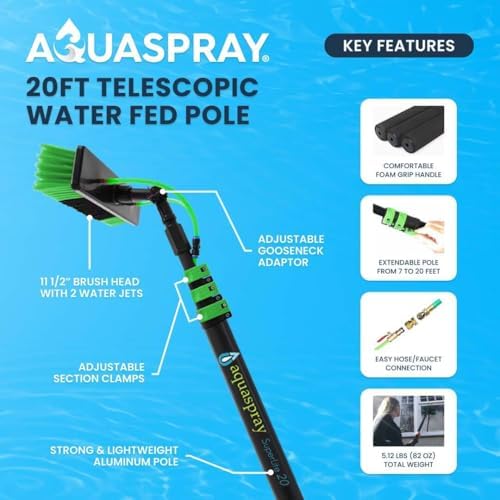 20 Feet Long Reach Solar Panel Cleaning Brush with Inline Water Filter, Telescopic Extendable for Roof Mounted Solar Panel and Window Cleaning: Water Fed Pole Cleaning Kit