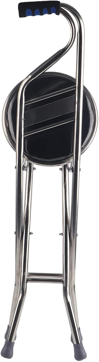 Walking Cane Stool Stainless Steel Four Leg Thickening Walking Hand Stick Stool for Men Women Elderly Seniors, Folding Walking Stick with Seat Foldable Stick Cane and Stool (Black)