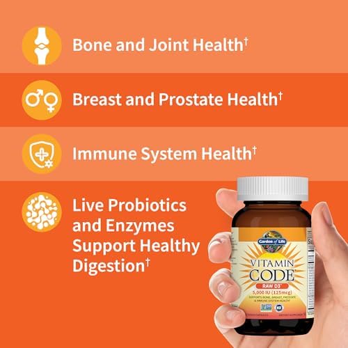 Garden of Life Vitamin D3 5000 IU, Raw Whole Food Supplements with Chlorella, Fruit, Veggies & Probiotics for Bone & Immune Health, 60 Vegetarian Capsules