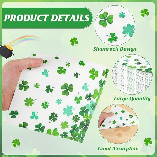 50Pcs St. Patrick's Day Shamrock Napkins, 6.5" X 6.5" Green Lucky Clover Disposable Paper Napkins Irish-Themed Birthday Party Supplies, Paper Saint Patricks Day Decorations for St. Paddy's Day Decor