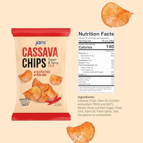 Jans Cassava Chips — Sweet & Spicy Chili Flavor 8oz (Pack of 1) — Crunchy Yuca Chips