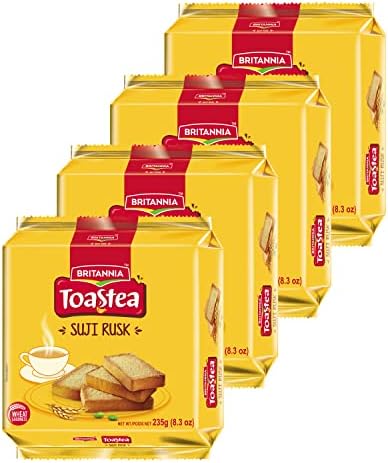 Britannia Toastea Suji Rusk 8.28oz (235g) - Biscotte De Semoule - Crispy Tea Time Snack - Crispy Crunchy Toast (Pack of 4)