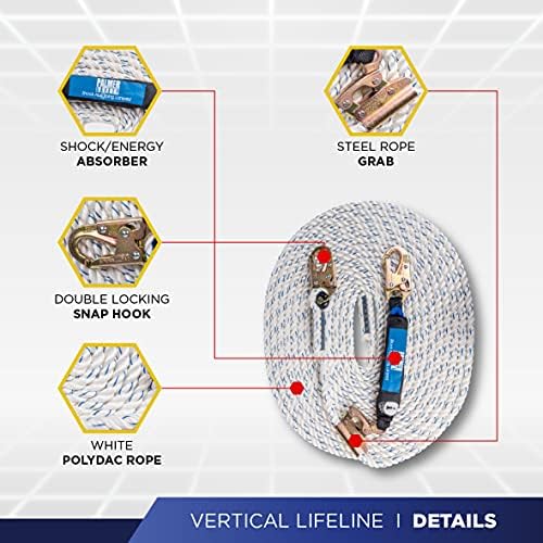 Palmer Safety Vertical Lifeline Assembly - 50FT Rope Harness Safety Lanyard with Rope Grab - Fall Protection Kit