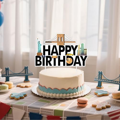 New York Cityscape Theme Happy Birthday Cake Topper, Skyscraper Cake Decoration, American Landmarks Theme Cake Picks for Birthday Party Supplies