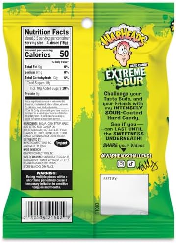 WARHEADS - Extreme Sour Hard Candy - Assorted Flavors - Sour Apple, Black Cherry, Blue Raspberry, Lemon & Watermelon Flavors - 2 oz. Bag