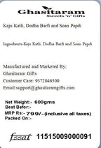 Ghasitaram Gifts Indian Sweets - Diwali Gifts Diwali Sweet - Kaju Katli, Dodha Barfi and Soan Papdi