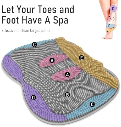 Shower Foot Scrubber Mat XL, Silicone Feet Toes Massage Cleaner -Upgraded Long Brush Pad Without Bending Non-Slip Suction Cups for Foot Bath Bathtub Exfoliate Smooth Skin 17.4x13 Grey