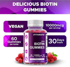 Vitamatic Biotin Gummies 10,000 mcg for Stronger Hair, Skin & Nails - 60 Vegan Gummies - Also Called Vitamin B7 (1 Bottle)