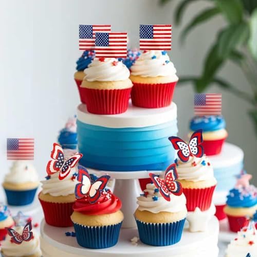 50PCS Edible American Flag Butterfly Cake Decorations Patriotic Wafer Cupcakes Toppers for 4th of July, Independence Day Parties & Birthday Celebrations