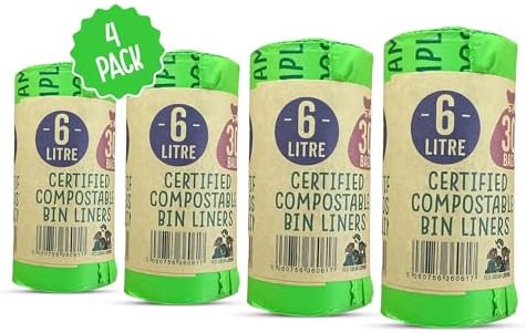 Eco Green Living 6 Litre Compostable Bin Liners – Plastic Free & Recyclable Caddy Bags for Food Waste, Leak Resistant Small Bin Liners, 36 x 66 cm - Quad Pack (120 Bags)