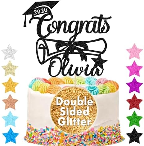Personalized Graduation Cake Topper Class of 2026 Custom Congrats Graduation Cake Toppers Double Sided Glitter Congratulations Cake Decorations for College High School (Black)