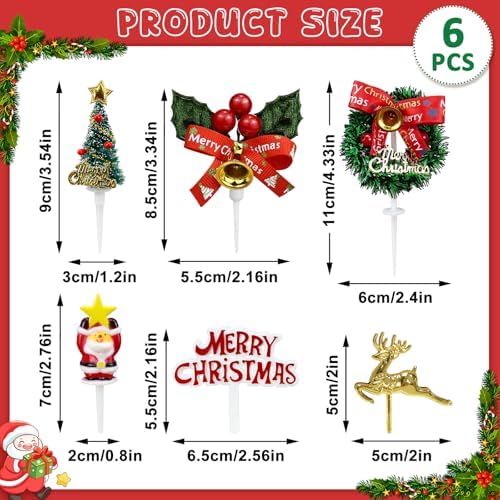 6Pcs Christmas Cake Decorations Xmas Cake Toppers Santa Deer Star Tree Bell Garland Festive Stand UP Muffin Cupcake Topper for Christmas Party Table Cake Edible Birthday Wedding Decor Supplies