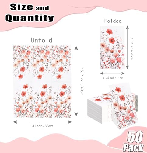 HEIPINIUYE 50 Pieces 3-ply Spring Floral Paper Napkins Red Flower Guest Napkins Disposable Hand Towels for Bathroom Wedding Birthday Valentines Party Dinner Napkins