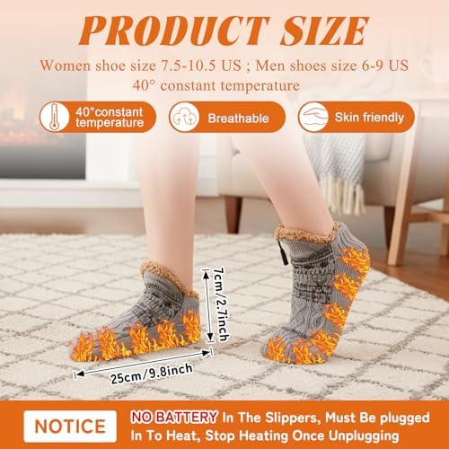 Electric Heated Fleece Socks for Men Women, Winter USB Heating Socks Foot Heater Anti-Slip Thermal Indoor Footwear Foot Warmer Fit for Women's 7.5-10.5 Men's 6-9
