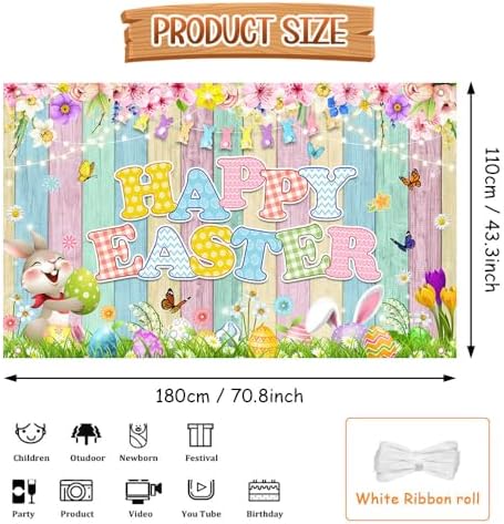 AIBIIN Happy Easter Backdrop Cute Bunny Rabbit Happy Easter Banner Spring Grass Colorful Egg Party Background Supplies Photo Booth Prop 70.8 x 43.3 inch