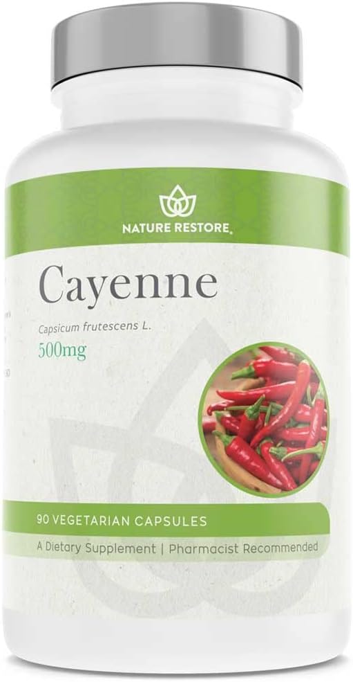 Nature Restore Cayenne Pepper Extract Supplement, Standardized to 0.45 Percent Capsaicin, 70,000 Scoville Heat Units, 90 Capsules, Manufactured in USA, Non-GMO & Gluten Free