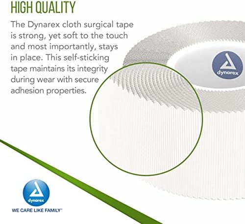 Dynarex Cloth Surgical Tape, Durable, Soft-Smooth Silky Fabric, Latex-Free, Self-Sticking Tape, Tearable, Secure Adhesion, White, 1” x 10 yds, 1 Box of 12 Rolls