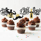 Happy Fathers Day Cake Toppers 36pcs Glitter Cupcake Toppers Super Dad Mustache Cake Decorations for Fathers' Day Birthday Party