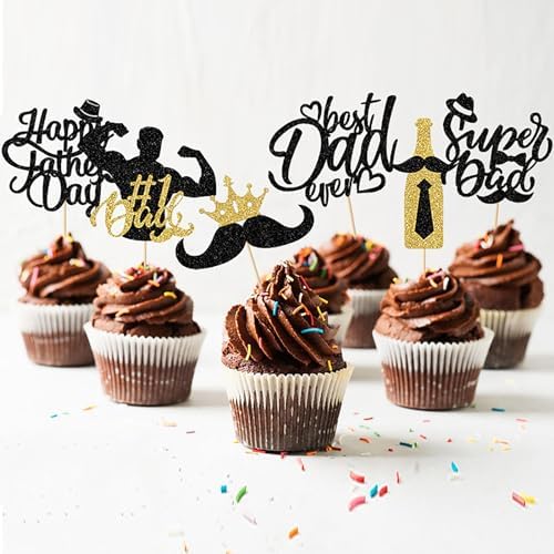 Happy Fathers Day Cake Toppers 36pcs Glitter Cupcake Toppers Super Dad Mustache Cake Decorations for Fathers' Day Birthday Party