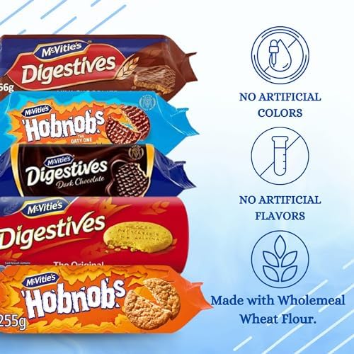 British Biscuits Variety Pack. Comes with Five McVities Assorted Favorites including 3 Digestives Biscuits, Milk Chocolate Hobnobs Biscuits, Ginger Nuts Biscuits plus a Snacko Fridge Magnet.