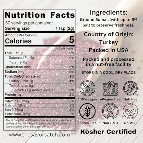 SavorSatch Ground Sumac – 4oz Resealable Pouch | Certified Kosher, GMO Free, Allergen-Free | Tangy, Deep Red Spice for Middle Eastern Cooking, Salads, and Meats | Product of Turkey