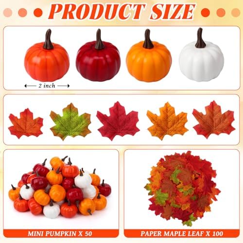 Thyle 150 Pcs 2 Inch Thanksgiving Mini Pumpkins Bulk 50 Small Fall Artificial Foam Pumpkins with 100 Confetti Maple Leaves Harvest Baby Shower Decorative for Thanksgiving Centerpiece(Orange)