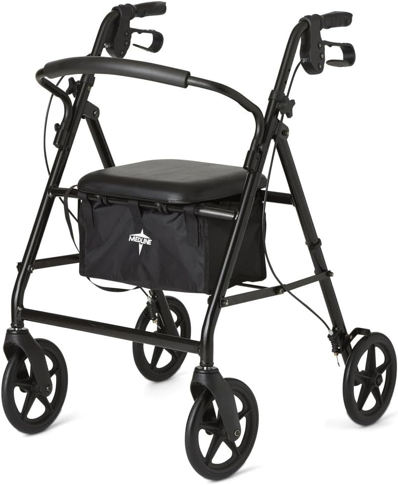 Medline Steel Rollator Walker for Adult Mobility Impairment, Black, 300 lb. Weight Capacity, 8” Wheels, Foldable, Adjustable Handles, Rolling Walker for Seniors