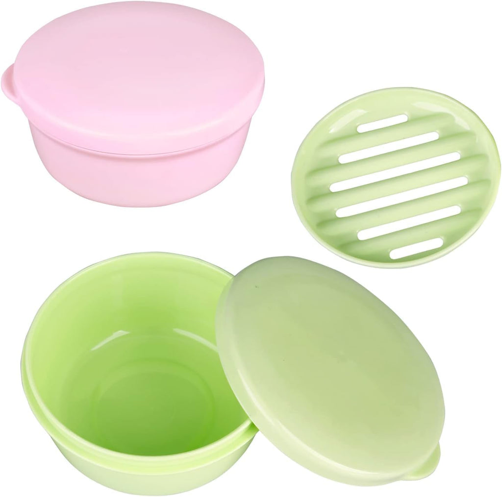 Plastic Soap Container, Soap Bar Holder Travel Case Portable Round Soap Dishes with Lid Leak-Proof Soap Box for Shampoo Bar (Pink & Green)