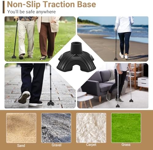 Dotday 2 Pack Cane Tips for Stability, Self Standing Cane Base for Most Walking Canes, Walking Sticks, Folding Canes, Non-Slip Replacement Quad Cane Tip, Heavy Duty 4 Prong Rubber Cane Foot Pad, Black