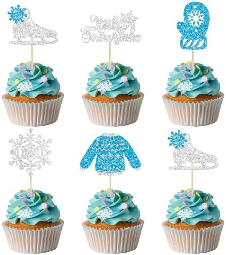 Gyufise 30Pcs Little Snowflake Cupcake Toppers Glitter Skate Shoe Gloves Sweater Cake Topper Decorations for Snowflake Theme Winter Wonderland Baby Shower Birthday Party Supplies Blue