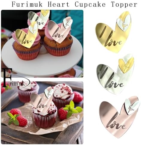 24 Pcs Love Heart Acrylic Cupcake Topper Cake Decoration Disc Mirror Acrylic Cake Topper Engraved Personalized Cake Topper for Valentine's Day Wedding Mother's Day (24, Gold Silver Rose)
