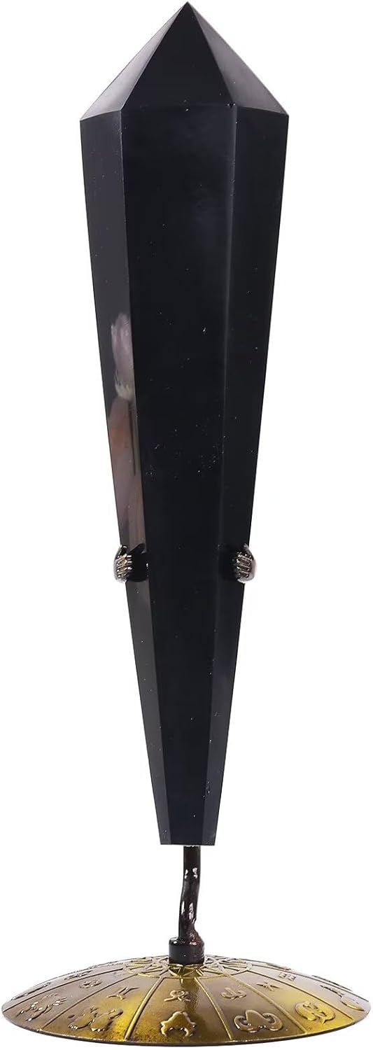 Obsidian Wand Point Long Healing Crystal Scepter Decorative Stone Reiki Meditation with Display Stand Home Office Decor 0.4-0.6LBS