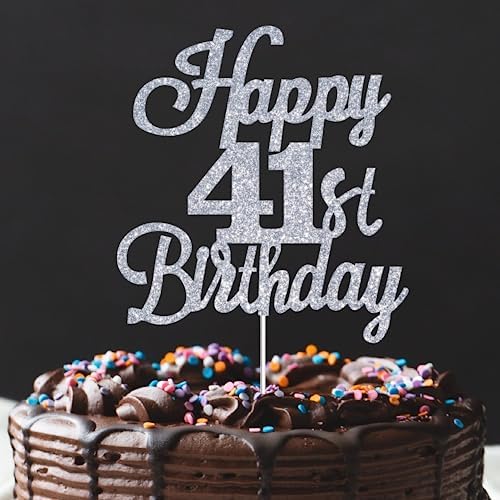 Happy 41st Birthday Cake Toppers Silver Glitter, Cheers to 41 Years Old Bday Decoration 41st Anniversary Cake Topper, Forty-one Theme Cake Decorations for Birthday Anniversary Party