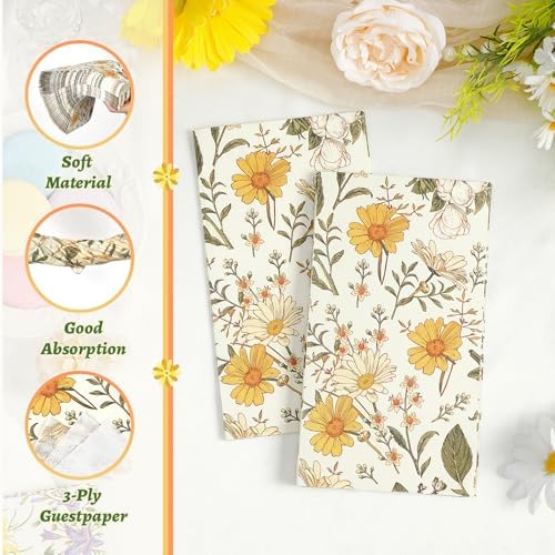 Homlouue Daisy Floral Napkins, 100PCS 3-Ply Disposable Hand Towels for Bathroom Guest, Floral Paper Napkins Decorative for Spring Summer Fall Party