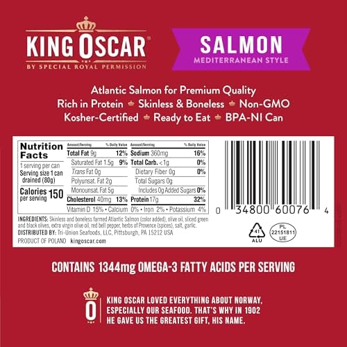 King Oscar Premium Salmon in Olive Oil, Mediterranean Style, 4.05-Ounce Cans (Pack of 12, Packaging May Vary), Skinless & Boneless Salmon
