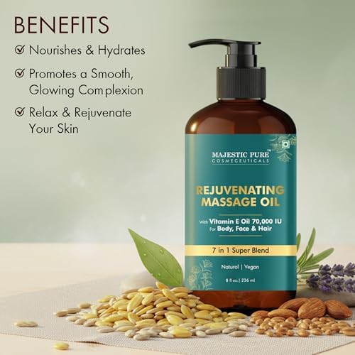 MAJESTIC PURE Vitamin E 70k Blend Massage Oil for Massage Therapy- Refreshing and Relaxing- Natural Oils with Almond, Jojoba, Argan & Avocado for All Skin Types- Men and Women Massage Lotion- 8 fl oz