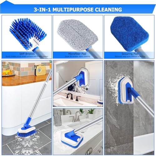 Lalafancy Shower Cleaning Brush with Locking Head, 3 in 1 Tub Tile Scrubber Brush with 50'' Extendable Long Handle Stiff Bristles Scouring Pads Microfiber for Cleaning Bathtub Shower Wall Bathroom
