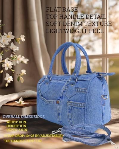 Handmade Upcycled Denim Compact Crossbody Handbag for Women, Lightweight Blue Jean Satchel Purse with Adjustable Strap and Top Handle for Daily Use, Approx. 10 x 8 x 5.5 Inches (Medium-Tone)
