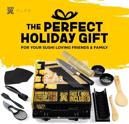Alas Sushi Making Kit- Complete Sushi Making Kit for Beginners & Pros Sushi Makers, Perfect Sushi Making Kitchen Accessories Like Sushi Knife, 2 Sushi Mats, Rice Bazooka, Dipping Plate, & More (Black)