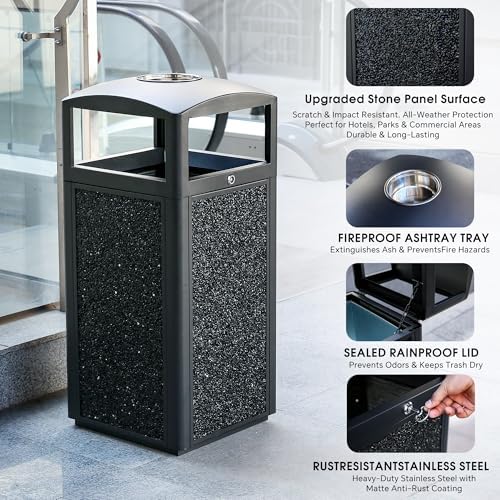 Outdoor Commercial Trash Can with Lid, Heavy Duty Waste Container with Stone Panels,Removable Metal Inner Bucket, Commercial Gabage can with Top Tray for Parks and Public Spaces