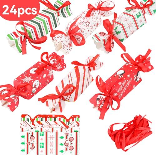 STEFORD Christmas Candy Paper Gift Boxes, 24PCS Christmas Candy Gift Treat Bags with Red Ribbon for Xmas Party Supplies