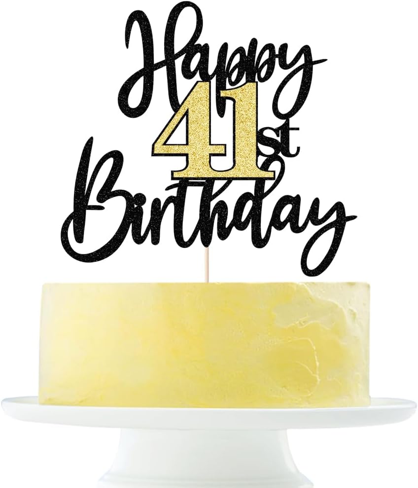 Black Gold Glitter Happy 41th Birthday Cake Topper,Happy 41 Birthday Cake Decoration for 41 & Fabulous Birthday,Hello 41 Party Anniversary Party Cake Decorations Supplies