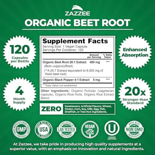 Zazzee USDA Organic Beet Root 20:1 Extract, 120 Vegan Quick Release Capsules, 4 Month Supply, Nitric Oxide Support, Black Pepper Extract for Enhanced Absorption, Certified Kosher, Non-GMO, Made in USA