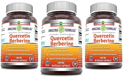 Amazing Formulas Quercetin Berberine | 250 mg Berberine and 250 mg Quercetin | Veggie Capsules Supplement | Non-GMO | Gluten Free | Made in USA (90 | 3 Pack)