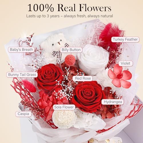 Preserved Flowers Bouquet with Bear, 3 Real Forever Flowers for Delivery, Long-Lasting Red Eteranl Roses Bouquet, Mothers Day Gifts for Mom Grandma, Anniversary Birthday Gifts for Women Girlfriend