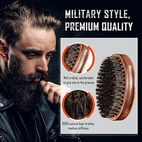 BFWood Boar Bristle Beard Brush - Black Wood Walnut Military Style, Men's Wooden Mustache Brush