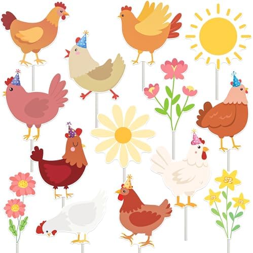 Chicken Cupcake Toppers Floral Daisy Chicken Birthday Decorations Hen and Flower Party Cupcake Picks 24Pcs Little Chick Cake Decorations for Farm Animals Barnyard Baby Shower Supplies