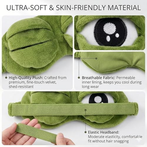 Cute Frog Plush Sleep Mask, Soft Fluffy Eye Mask for Sleeping, Funny Winking Frog Design Blindfold with Elastic Strap, Comfortable Night Eye Cover for Travel, Nap, Meditation, Kids & Adults, Green