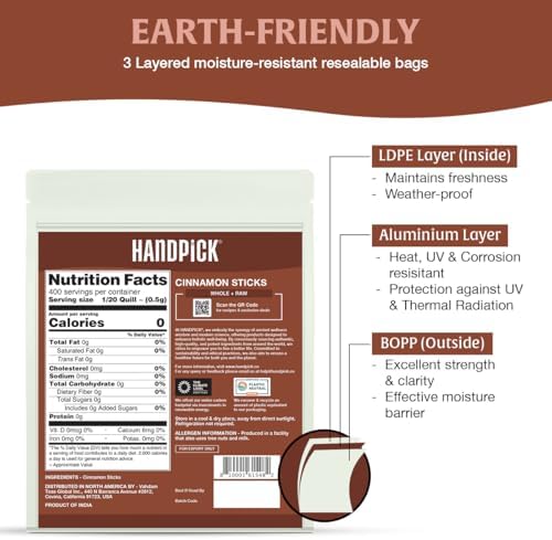 HANDPICK, Cinnamon Sticks (7 oz) 100% Raw, Non-GMO, Gluten-Free | Premium Quality | Resealable Ziplock Pouch | Perfect for Baking, Cooking & Beverages