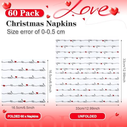 60 Pcs Valentines Heart Cocktail Paper Napkins 6.5 x 6.5 Inches Love Heart Disposable Paper Napkins for Decoupage Dessert Beverage Tissue for Wedding Anniversary Party Tableware Party Supplie